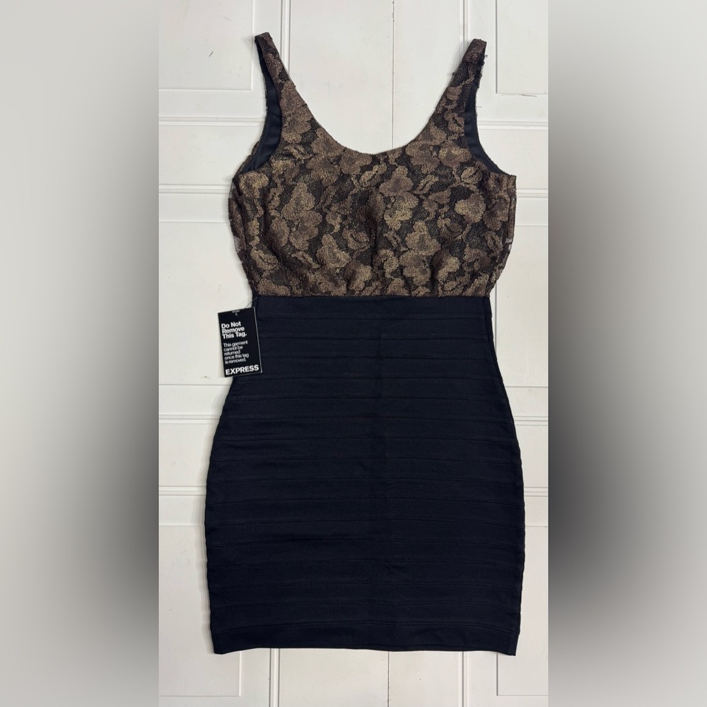 Express NWT Bodycon Black Tan Lace Sleeveless Cocktail Dress Size XS - Picture 7 of 7